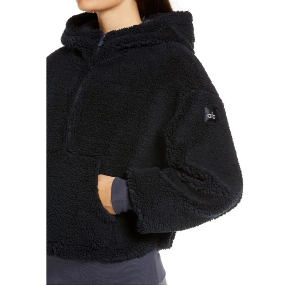 Alo Streetside Quarter Zip Hooded Fleece Jacket Navy Blue XS